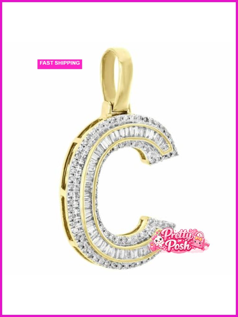 1.50 Carat Baguette Simulated Diamond Letter C Mini Pendant Initial Charm 14k